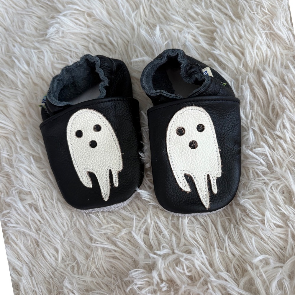 Yalion Baby‎ Moccasins Black Leather Ghost Applique  Shoes
